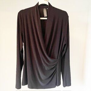 Norma Kamali Black Stretch Jersey Cross-Front Long Sleeve Top, Size XL
